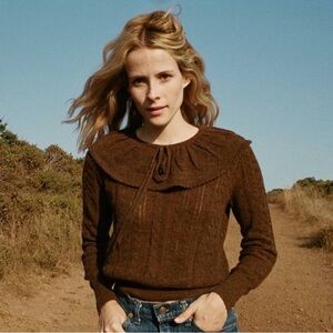 Dôen Magpie Pointelle Alpaca Knit Sweater Dark Tobac Small EUC